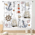 Nautical Kitchen Curtains, Vintage Marine Coastal Sailboat Compass Anchor Ocean Beach Lighthouse Watercolor Decorative Drapes for Bedroom Living Room Kitchen Bathroom Window 2 Panels Set, 63"x63" Inch