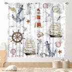 Nautical Kitchen Curtains, Vintage Marine Coastal Sailboat Compass Anchor Ocean Beach Lighthouse Watercolor Decorative Drapes for Bedroom Living Room Kitchen Bathroom Window 2 Panels Set, 42"x63" Inch