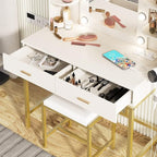 Vabches Vanity Desk with Mirror and Lights, with Charging Station,Makeup Vanity Table Set with Lighted Mirror, with 3 Lighting Modes and 2 Drawers&Cushioned Stool for Bedroom