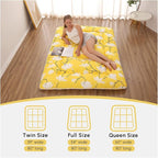 Japanese Floor Mattress, Futon Mattress with Portable Storage Bag and Washable Cover, Roll Up Thick Tatami Mat Suitable for Camping, Guest Room, Yellow Flower, Twin