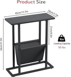 Yusong Small Narrow Side Table for Small Spaces, 17.7" W Slim End Table Nightstand with Storage Holder, Accent Skinny Snack Couch Bedside Table, Black Oak, Complete Iron Pipes
