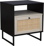 Nathan James Mina Rattan Wood End Side Accent Table Nightstand with Storage for Living Room or Bedroom, 1, Black Oak/Black
