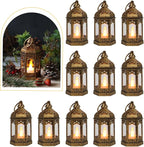 LLQ 12Pcs Mini Lantern with LED Tea Light, Garden Fairy Party Decorations, Battery Included, Vintage Lanterns Decorative, Hanging Candle Lanterns for Halloween Christmas Wedding Table Centerpiece