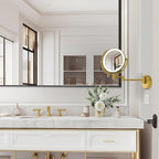 Hardwired Bathroom Makeup Mirror Wall Mount Gold, Double Sided 1/10X Magnifying Make up Mirror with Lights 3 Color & Adjustable Brightness, 360 Swing Arm Shaving Mirror, Brushed Moderne Brass