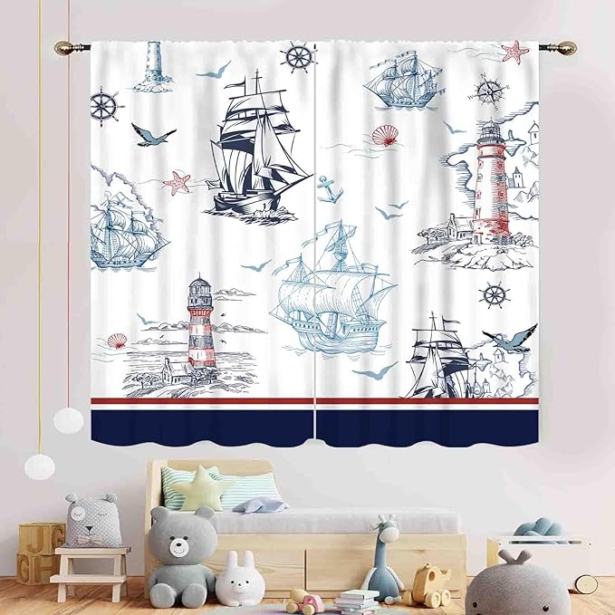 Nautical Curtains, Vintage Marine Coastal Sailboat Compass Anchor Ocean Beach Lighthouse Watercolor Blue Decorative Drapes for Bedroom Living Room Kitchen Bathroom Window 2 Panels, 42"x54" Inch