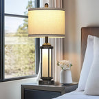 27" Industrial Farmhouse Table Lamp, Vintage Rustic Beside Lamp with USB A+C Charging Ports & AC Outlet, Modern Single Table Lamp with Frosted Glass Night Light for Bedrooms Nightstand Bronze