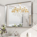 LOAAO 40X30 Inch Brushed Nickel Bathroom Mirror, Rounded Rectangle Silver Metal Frame Mirror, Brushed Nickel, Anti-Rust, Shatter Proof, Hangs Horizontally or Vertically