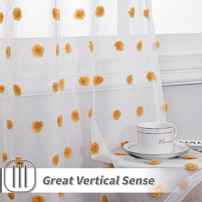 MYSKY HOME Pom Pom Curtains for Girls Bedroom 63 Inch Burnt Orange Curains for Nursery Kids Room Sheer Curtains for Living Room Dining Room Rod Pocket Small Window 52" x 63" Set of 2