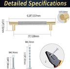 Knurled Cabinet Pulls 25 Pack, 6 Inch Long Cabinet Handles Metal Door Pulls, Kitchen Drawer Pull Knurled Dresser Handles - 5" Hole to Hole, Grey & Gold