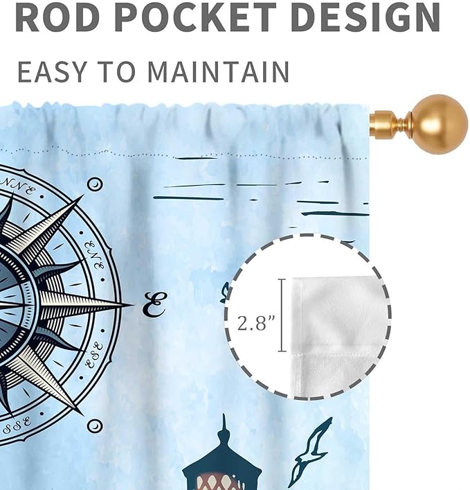 Nautical Curtains, Vintage Marine Coastal Sailboat Compass Anchor Ocean Beach Lighthouse Watercolor Blue Decorative Drapes for Bedroom Living Room Kitchen Bathroom Window 2 Panels Set, 42"x54" Inch