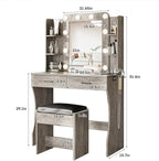 Vabches Vanity Desk with Mirror and Lights,Makeup Vanity Table with Charging Station,2 Drawer Bedroom Dressing Table with 3 Colors Modes Dimming & Cushioned Stool,Light Rustic Oak
