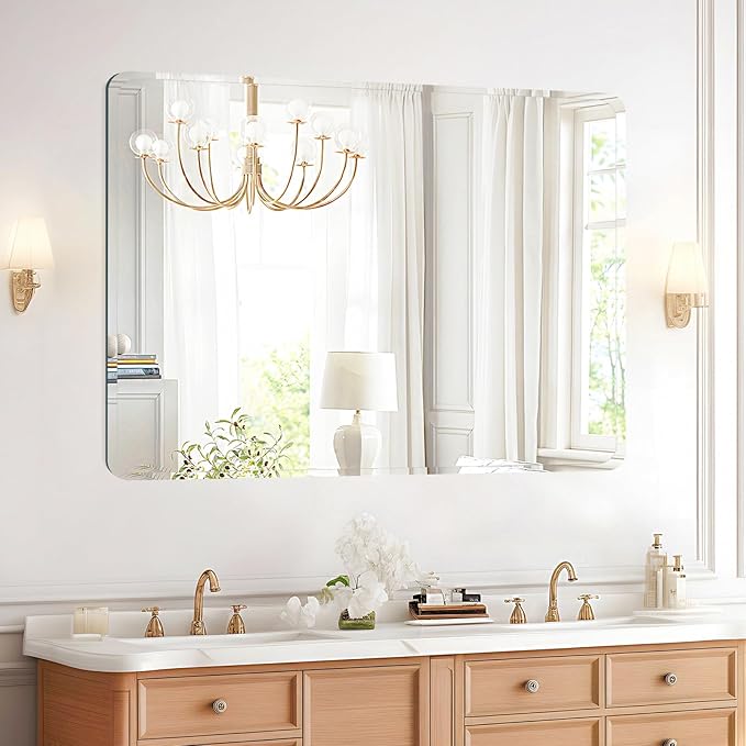 Frameless Bathroom Mirror for Over Sink,Wall Mounted Vanity Mirrors 22x28in,Rounded Rectangle Mirror Frameless with Polished Edge for Bedroom,Living Room,Entryway,Shatterproof (Horizontal/Vertical)