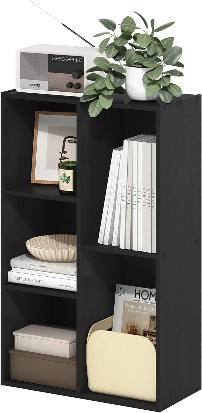 Furinno LUDER Book Shelf, 5-Cube Bookshelf, Reversible Bookcase, 9.4" x 19.5" x 31.5", for Living Room, Bedroom, Home Office, Blackwood