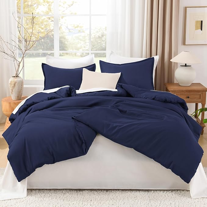 Litanika Navy Blue Comforter Set King Size, 3 Pieces Lightweight Solid Bedding Comforter Set, All Season Fluffy Bed Set (104x90In Comforter & 2 Pillowcases)