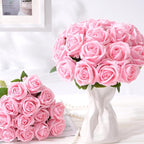 BLEUM CADE 100 Pcs Pink Roses Artificial Flowers, Real Touch Velvet Roses Fake Flowers Bulk, Artificial Roses Bouquet with Long Stems Bridal DIY Wedding Party Centerpiece Decorations