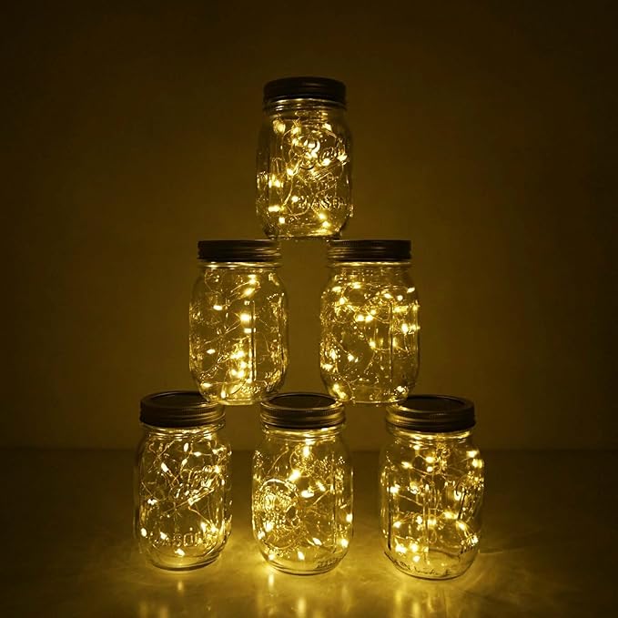 Decorman Solar Mason Jar Lid Lights, 6 Pack 10 LED Waterproof String Fairy Star Firefly Jar Lids Lights for Patio Garden Yard Lawn Party Wedding Christmas Decoration(Jars & Hangers Not Included)