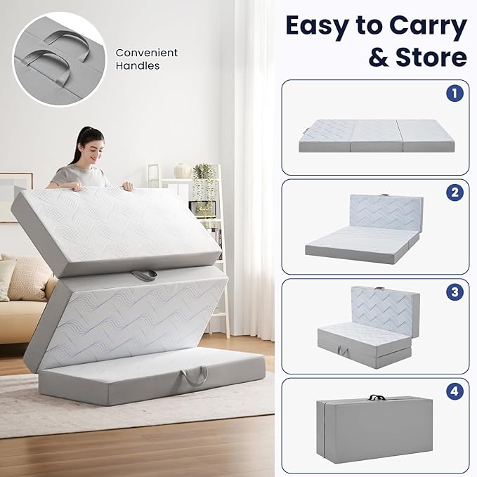 Foldable Mattress Cot 4 inch -Portable White Memory Foam Folding Matress with Washable Cover for Camping Travel Guest Room Home Use-Non-Slip&Easy Storage