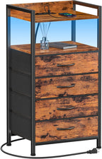 Furnulem Night Stand with Charging Station and Led Light, 4 Drawer Dresser for Bedroom, Small Nightstand Bedside Table, Fabric Bins, Metal Frame, Wood Shelf, Side Furniture(Rustic Brown)