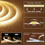 TOPAI 12V COB LED Strip Light 3000K Warm White Waterproof IP65 480LEDs/M Super Bright 4000Lm CRI>90 16.4ft/5M Dotless High Density Cuttable Flexible for Cabinet Home DIY Lighting Projects
