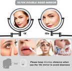 Wall Mounted Makeup Mirror with Lights and 10X Magnification, 8" Rechargeable Double Sided Touch Dimmable Foldable Extended Arm 360 Rotation for Bathroom, Matt Black