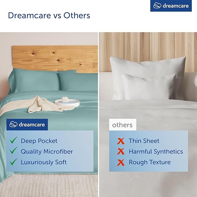 DREAMCARE Queen Sheet Set – 6 pcs Cooling Bed Sheets – up to 21” Deep Pocket Queen Sheets Set – 2500 Supreme Collection – Extra Soft 100% Brushed Microfiber Hotel Luxury with Side Pocket – Spa Blue