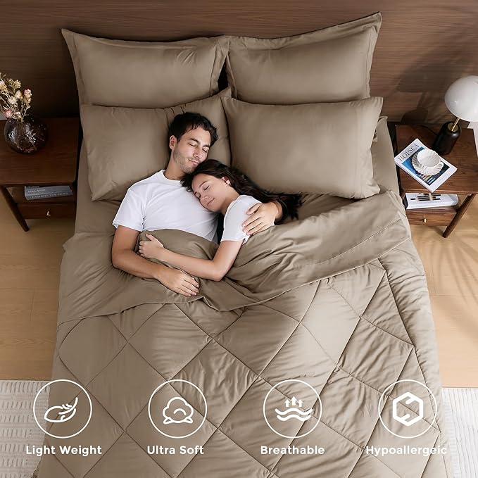 HEVUMYI Khaki Full Comforter Set - 7-Piece All Season Bed in a Bag Full, Ultra Soft Bedding Set with Comforter, Flat Sheet, Fitted Sheet, Pillowcases, Pillow Shams