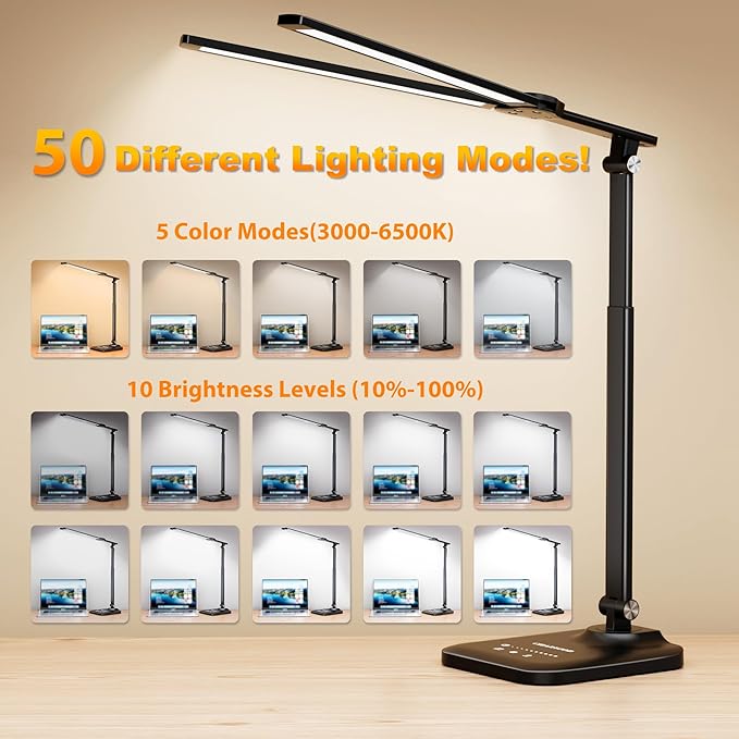 LED Desk Lamp for Office Home, Height Adjustable Architect Desk Light with USB Adapter, Stepless Dimming Table Lamp Light for Reading, Study, Workbench