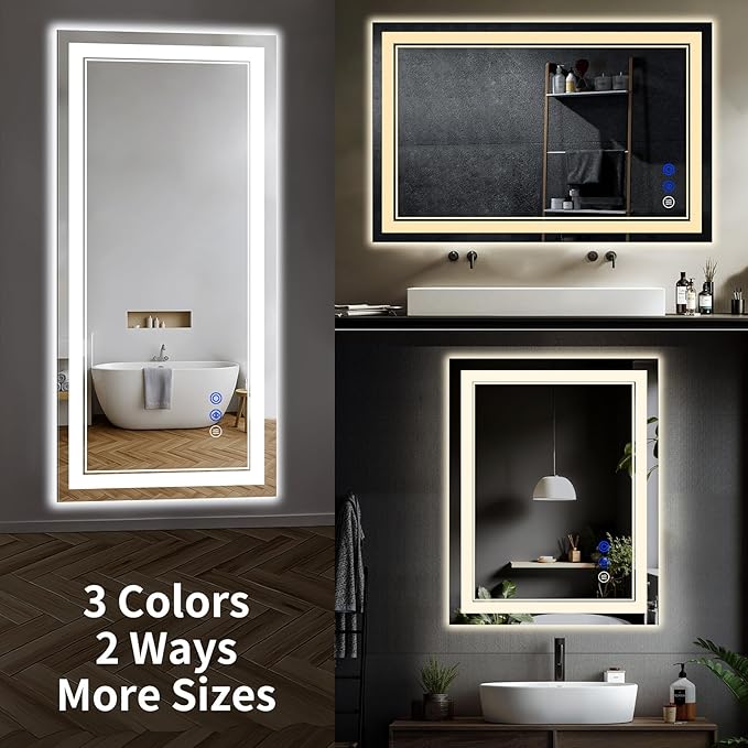 36"x24" LED Bathroom Mirror with Anti-Fog, Stepless Dimmable Lights, 3 Color Modes, Shatter-Proof Tempered Glass, Memory Function & Waterproof Design
