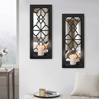 Wood Wall Sconce Candle Holder Set 2, Rustic Candle Sconces, Farmhouse Hanging Wall Décor, Carved Wood Frame, Mirrored Wall Accent