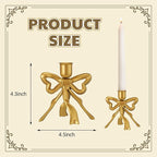 Mumufy 2 Pcs Gold Bow Taper Candle Holder Vintage Metal Candle Stick Holders Antique Brass Decorative Candlestick for Wedding Christmas Home Table Decor, 4.5" W x 4.3" H