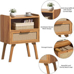 Lerliuo Rattan Nightstand, Side Table with Drawer Open Shelf, Cane Accent Bedside End Table with Solid Wood Legs, Mid Century Modern Night Stand for Bedroom, Dorm and Small Spaces (Tea Brown)