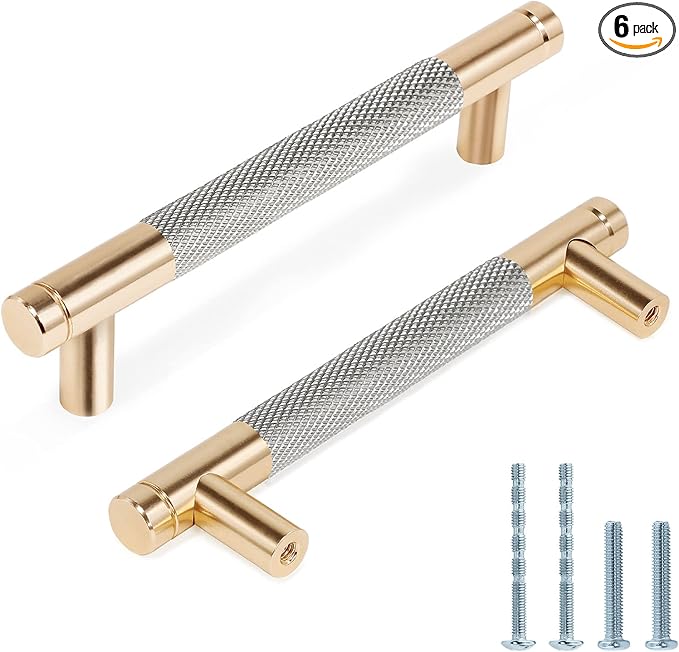 Knurled Cabinet Pulls 6 Pack, 5 Inch Long Cabinet Handles Metal Door Pulls, Kitchen Drawer Pull Knurled Dresser Handles - 3 3/4" Hole to Hole, Grey & Gold
