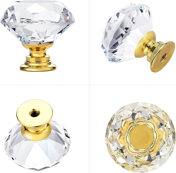 Ravinte 15 Pack Crystal Drawer Knobs - Glass Cabinet Knobs, Diamond Shaped, 30 mm with Gold Base