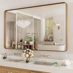 LOAAO 60X36 Inch Bathroom Mirror with Wood Grain Colored Metal Frame, Rounded Rectangle Metal Framed Bathroom Mirror, Anti-Rust, Hangs Horizontally or Vertically, Tempered Glass