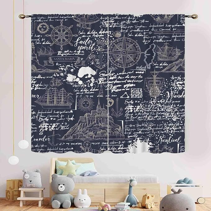 Vintage Nautical Curtains, Marine Coastal Sailboat Compass Anchor Ocean Beach Old Pirate Map Navy Blue Blackout Retro Drapes for Bedroom Living Room Kitchen Bathroom Window 2 Panels, 63"x63" Inch