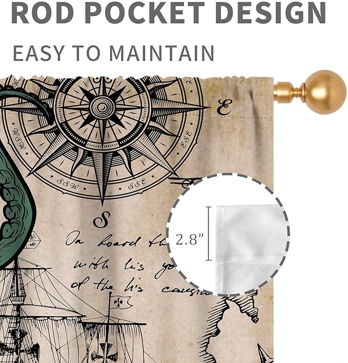 Nautical Octopus Curtains, Coastal Old Pirate Map Sailboat Compass Vintage Magic Ocean Kraken Octopus Tentacles Window Drapery Treatment for Bedroom Living Room Kitchen Bathroom 2 Panels, 42"x54" Inch