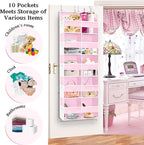 Pink Over The Door Organizer 5 Tiers, Extra Large Behind Door Storage of 10 Compartments, 50 lbs Weight Capacity Over The Door Storage for Closet, Diaper Organizer