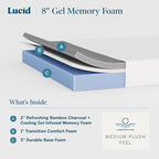Lucid 8 Inch Memory Foam Mattress - Medium Plush Feel - Infused with Refreshing Bamboo Charcoal and Cooling Gel - Bed in a Box - Temperature Regulating - Pressure Relief - Breathable - King Size