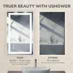 USHOWER LED Bathroom Mirror 48x32 Inch with Lights - Frameless Tempered Glass LED Backlit Lighted Mirror for Bathroom Vanity with Anti-Fog, 3 Colors Dimmable, Memory Function, Wall-Mounted