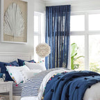 Treatmentex Pom-Pom Blue Sheer Curtains for Bedroom 63" Window Drapes Rod Pocket Textured Sheer Curtain Panels for Boy's Room Navy 52" w 2 pcs