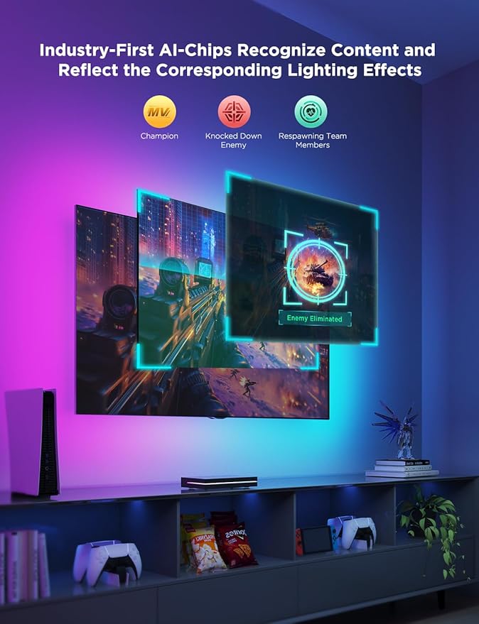 Govee HDMI 2.1 Sync Box 2, AI Sync Box with TV Backlight, Supports 8K@60Hz, 4K@144Hz, VRR and ALLM, Works with Matter and Alexa, RGBIC LED Light Strip for 55-65 inch TVs, 75 LEDs/m