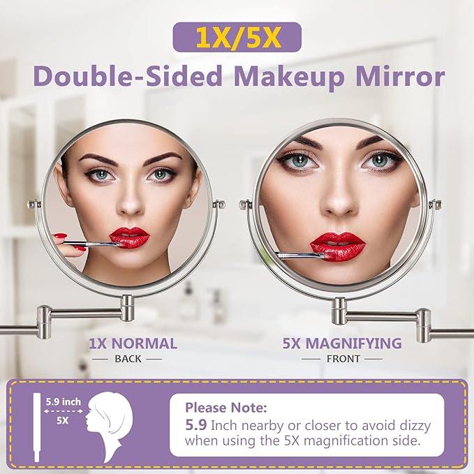 Wall Mounted Makeup Mirror, 1X/5X Magnifying Mirror Double Sided, 8 Inch Extendable Bathroom Mirror for Shaving, Nickel