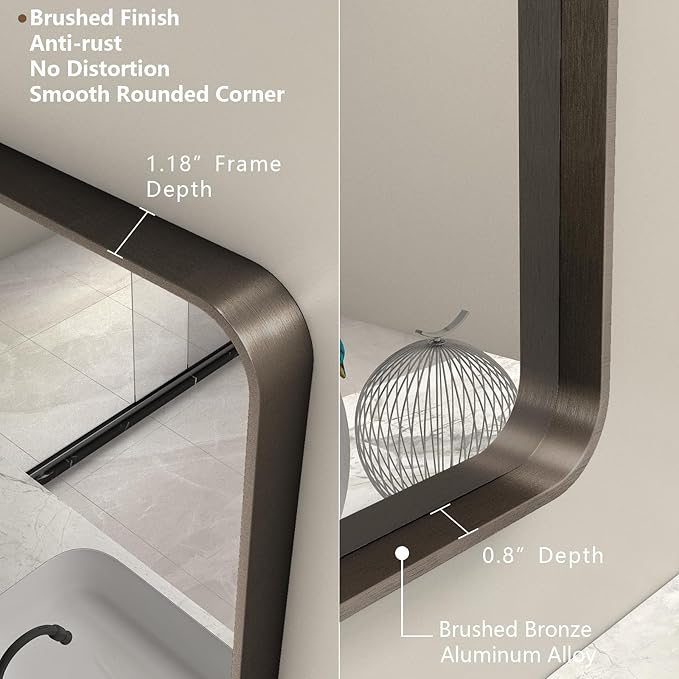 66x36 Inch Bronze Bathroom Mirror, Brushed Bronze Metal Frame Mirrors for Wall, Rounded Rectangle Bronze Mirror for Vanity,Farmhouse, Bedroom, Anti-Rust (Horizontal/Vertical)