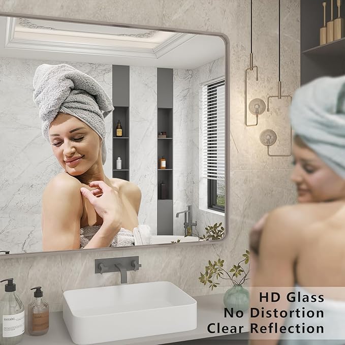 60x28 Matte Bathroom Mirror for Wall, Silver Brushed Framed Bathroom Vanity Mirror, Rectangle Bathroom Nickel Mirror, Rounded Corners, Tempered Glass(Horizontal/Vertical)