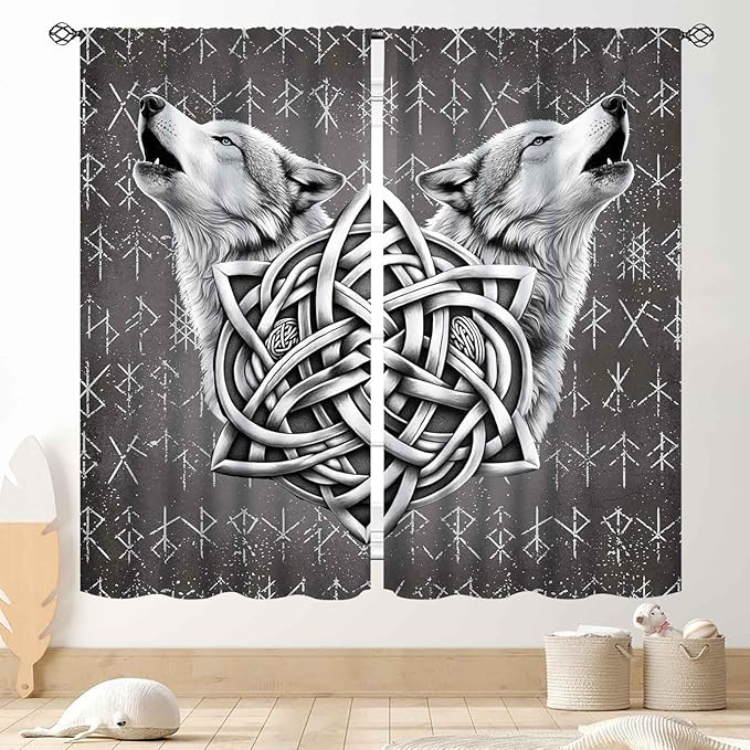 Viking Curtains, Gothic Nordic Wolf Celtic Rune Scandinavian Viking Runes Norse Mythology Aesthetic Retro Drapery for Bedroom Living Room Bathroom Window 2 Panel Set, 84"x84" Inch