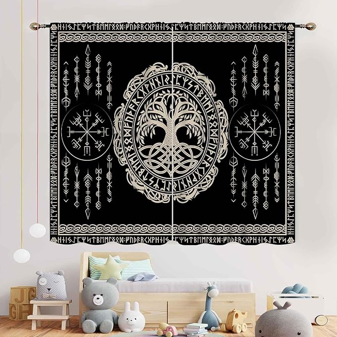 Viking Curtains, Nordic Tree of Life Celtic Rune Scandinavian Gothic Norse Mythology Aesthetic Retro Drapery for Bedroom Living Room Bathroom Window 2 Panel Set, 52"x84" Inch