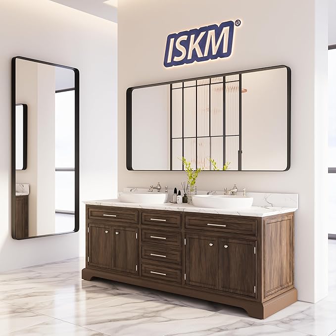 ISKM Black Bathroom Mirror for Wall 44" x 32" Matte Black Framed Vanity Mirror, Shatter-Proof, Tempered Glass, Rounded Rectangle Mirror(Horizontal/Vertical)