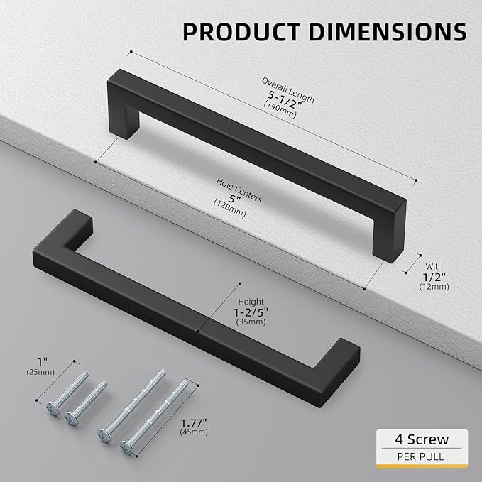 goldenwarm 60 Pack 5 Inch Black Cabinet Handles Matte Black Drawer Pulls Stainless Steel Cabinets Hardware Square Bar Modern for Kitchen Bathroom Cupboard