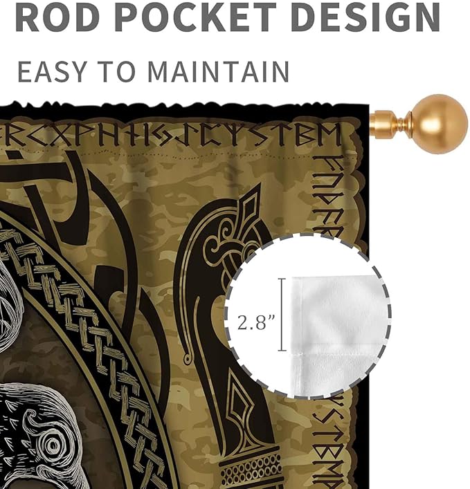 Norse Viking Curtains, Nordic Warriors Sword Celtic Rune Scandinavian Aesthetic Nation Valknut Mythology Window Drapery for Bedroom Living Room Bathroom 2 Panels, 63"x72" Inch