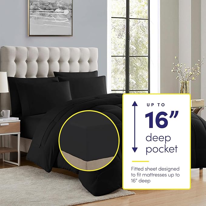 Sweet Home Collection 5 Piece Comforter Set Bag Solid Color All Season Soft Down Alternative Blanket & Luxurious Microfiber Bed Sheets, Black, Twin